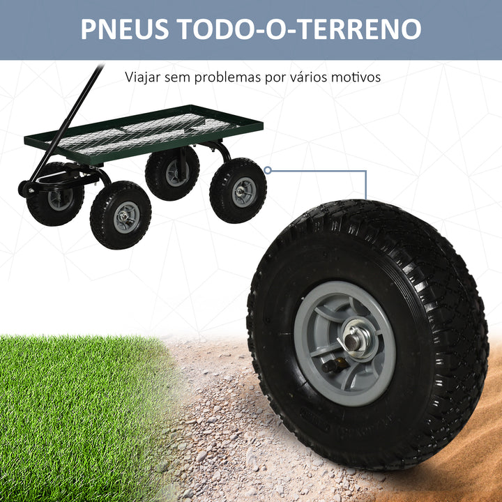 Carro de Transporte com Pega Revestida e 4 Rodas Grandes de Ø24 cm Carrinho de Jardim em Aço Capacidade 150 kg 94x48,5x100 cm Preto e Verde