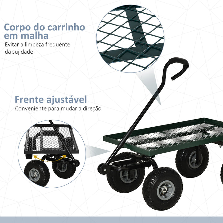 Carro de Transporte com Pega Revestida e 4 Rodas Grandes de Ø24 cm Carrinho de Jardim em Aço Capacidade 150 kg 94x48,5x100 cm Preto e Verde