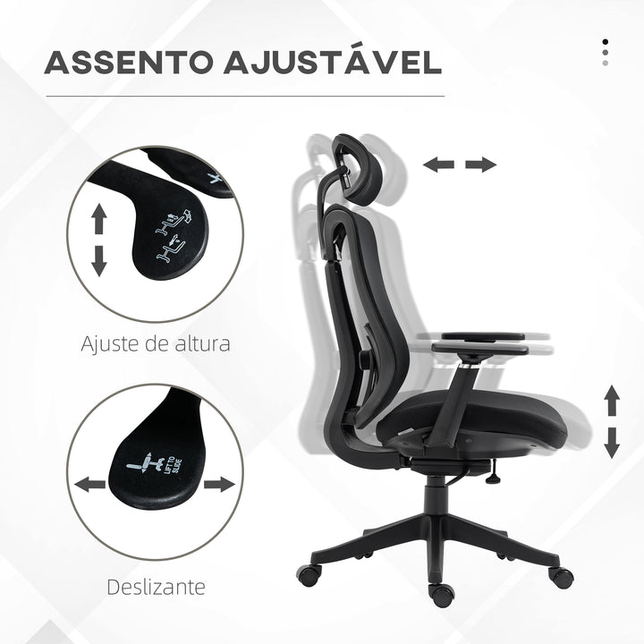 Cadeira de Escritório de Malha Cadeira de Escritório Reclinável com Apoio para a Cabeça Ajustável Suporte Lombar e Apoio para os Braços Carga 150 kg 70x66x120-128 cm Preto