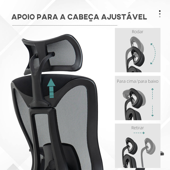 Cadeira de Escritório de Malha Cadeira de Escritório Reclinável com Apoio para a Cabeça Ajustável Suporte Lombar e Apoio para os Braços Carga 150 kg 70x66x120-128 cm Preto