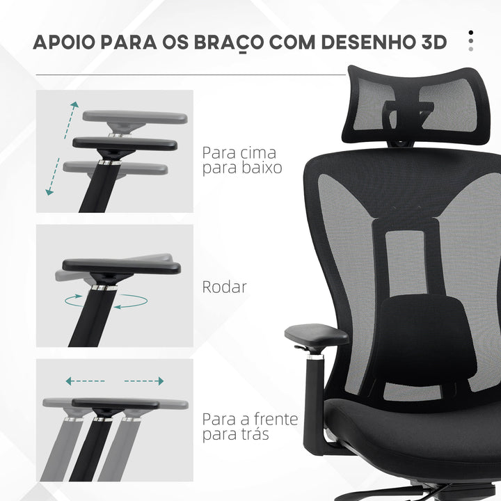 Cadeira de Escritório de Malha Cadeira de Escritório Reclinável com Apoio para a Cabeça Ajustável Suporte Lombar e Apoio para os Braços Carga 150 kg 70x66x120-128 cm Preto