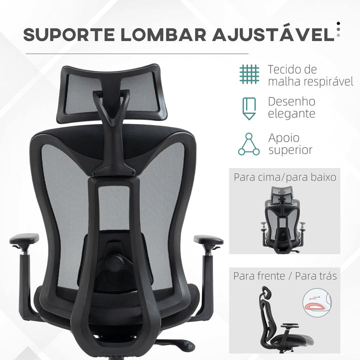 Cadeira de Escritório de Malha Cadeira de Escritório Reclinável com Apoio para a Cabeça Ajustável Suporte Lombar e Apoio para os Braços Carga 150 kg 70x66x120-128 cm Preto