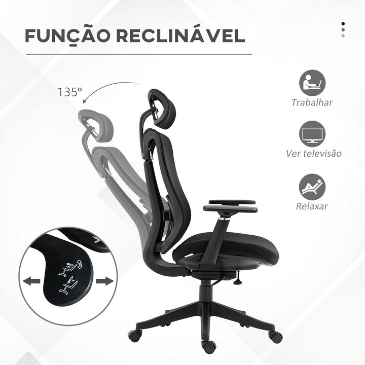 Cadeira de Escritório de Malha Cadeira de Escritório Reclinável com Apoio para a Cabeça Ajustável Suporte Lombar e Apoio para os Braços Carga 150 kg 70x66x120-128 cm Preto