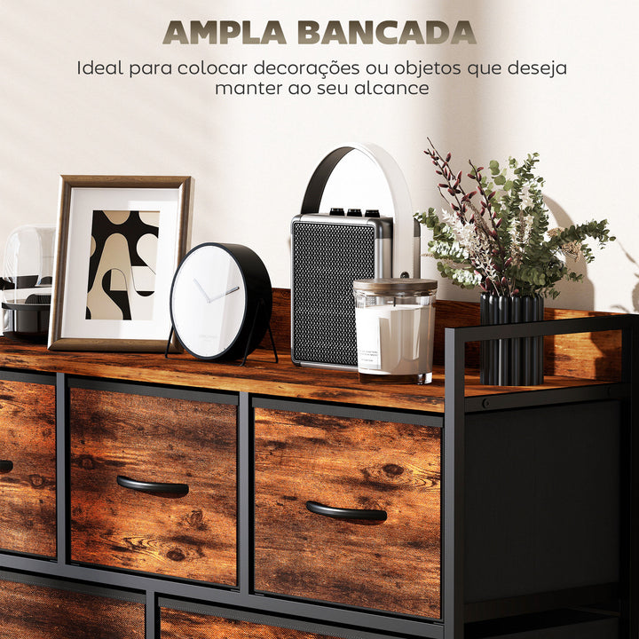 Cómoda com 5 Gavetas de Tecido Cómoda de Estilo Industrial com Estrutura Metálica para Sala de Estar Entrada Quarto 98x29x63 cm Castanho Rústico