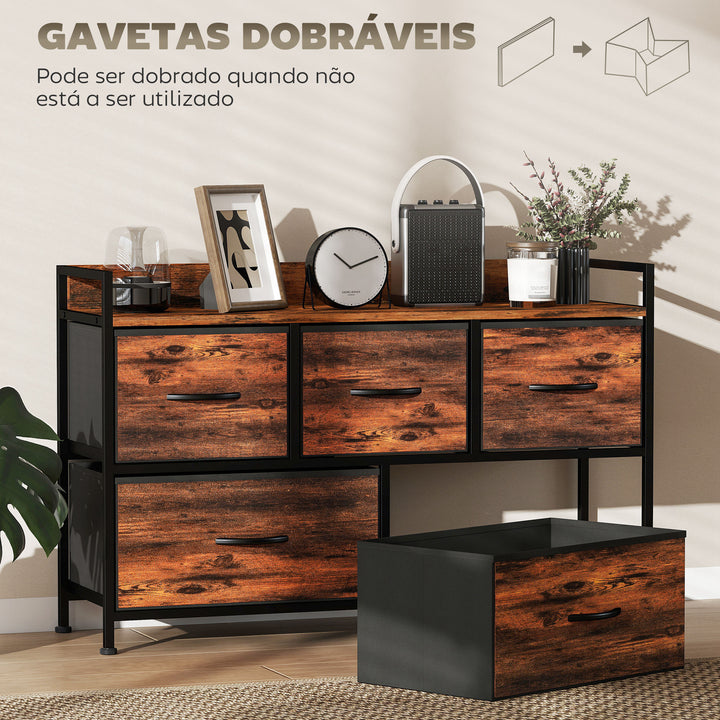 Cómoda com 5 Gavetas de Tecido Cómoda de Estilo Industrial com Estrutura Metálica para Sala de Estar Entrada Quarto 98x29x63 cm Castanho Rústico