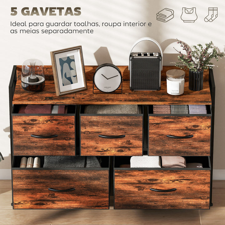 Cómoda com 5 Gavetas de Tecido Cómoda de Estilo Industrial com Estrutura Metálica para Sala de Estar Entrada Quarto 98x29x63 cm Castanho Rústico