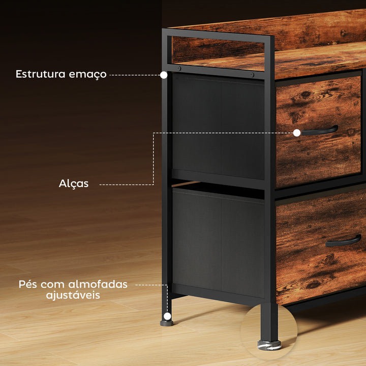 Cómoda com 5 Gavetas de Tecido Cómoda de Estilo Industrial com Estrutura Metálica para Sala de Estar Entrada Quarto 98x29x63 cm Castanho Rústico