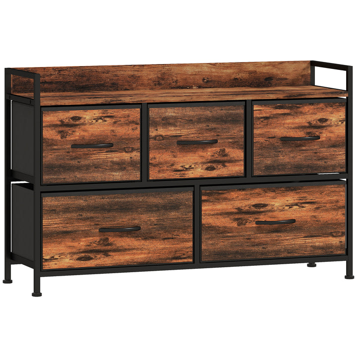 Cómoda com 5 Gavetas de Tecido Cómoda de Estilo Industrial com Estrutura Metálica para Sala de Estar Entrada Quarto 98x29x63 cm Castanho Rústico