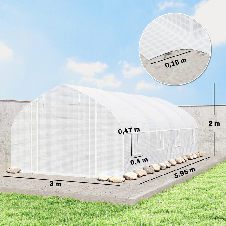 Estufa Tipo Túnel 6x3x2 m com 8 Janelas Cobertura de PE Anti-UV e Porta de Enrolar com Fecho de Correr Paredes Laterais com Rede Branco