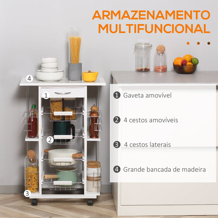 Carrinho de Cozinha com Rodas Carrinho de Cozinha com Bancada Gaveta 4 Cestas de Metal e 4 Suportes para Temperos Laterais para Cozinha 57x37x83cm Branco