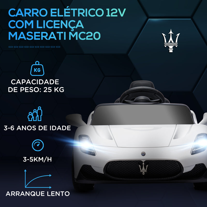 Carro Elétrico para Crianças acima de 3 Anos com Licença Maserati MC20 Carro Elétrico Infantil com Bateria 12V Controlo Remoto Farois Buzina e Música 105x65,5x42 cm Branco