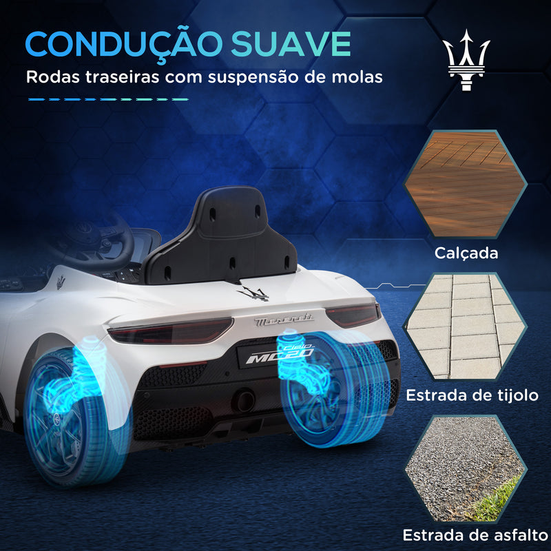 Carro Elétrico para Crianças acima de 3 Anos com Licença Maserati MC20 Carro Elétrico Infantil com Bateria 12V Controlo Remoto Farois Buzina e Música 105x65,5x42 cm Branco