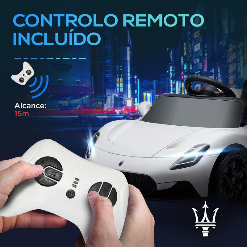 Carro Elétrico para Crianças acima de 3 Anos com Licença Maserati MC20 Carro Elétrico Infantil com Bateria 12V Controlo Remoto Farois Buzina e Música 105x65,5x42 cm Branco