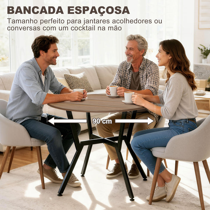 Mesa de Cozinha Redonda Mesa de Jantar Estilo Industrial com Bancada de Madeira e Estrutura de Aço para Sala de Jantar Carga 60kg Ø90x76 cm Marrom e Preto