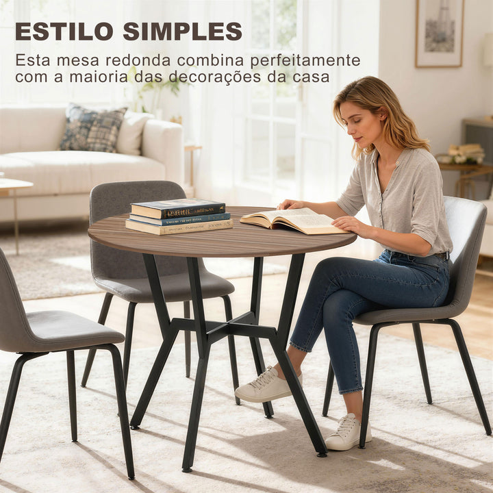 Mesa de Cozinha Redonda Mesa de Jantar Estilo Industrial com Bancada de Madeira e Estrutura de Aço para Sala de Jantar Carga 60kg Ø90x76 cm Marrom e Preto