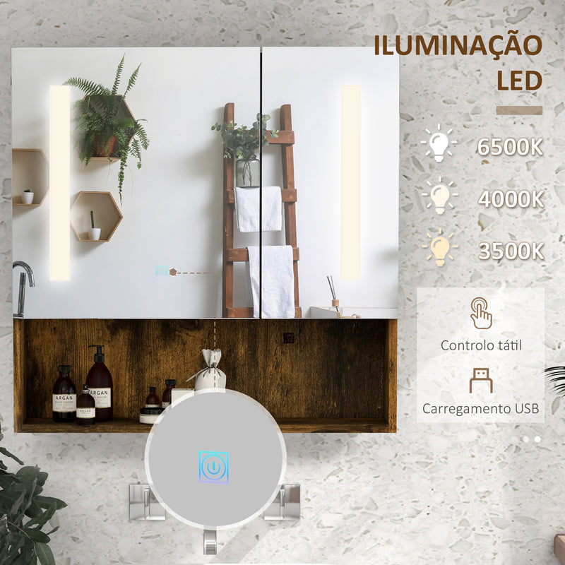 Armário Casa de Banho com Espelho e Luz LED Móvel Casa de Banho de Parede com 2 Portas Prateleira Ajustável Interruptor Tátil e Cor da Luz Ajustável 70x15x70 cm Marrom Rústico