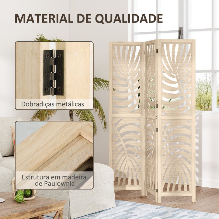 Biombo de 3 Painéis Separador de Ambientes Dobrável 120x170 cm com Estampado de Folhas de Palmeira Tropical Madeira