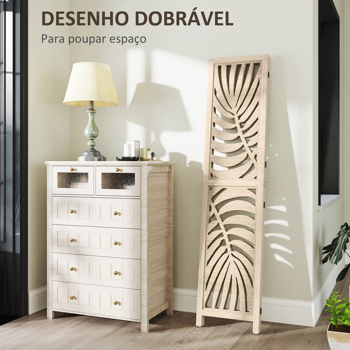 Biombo de 3 Painéis Separador de Ambientes Dobrável 120x170 cm com Estampado de Folhas de Palmeira Tropical Madeira