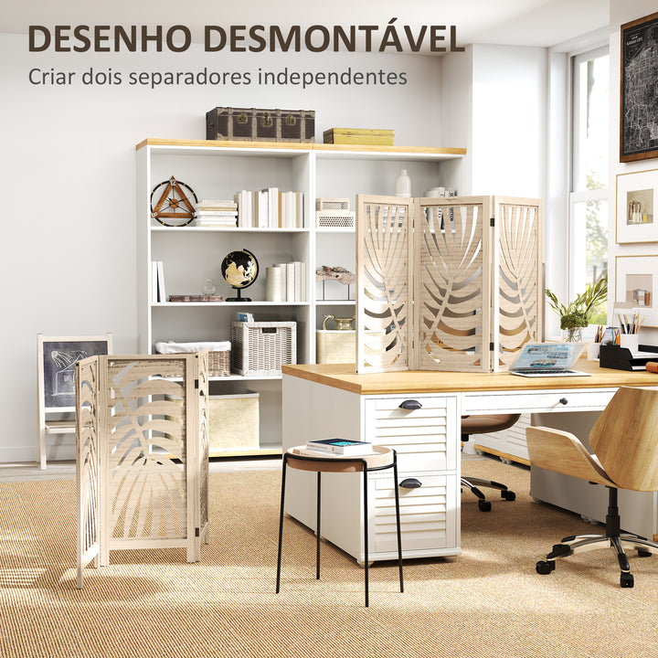 Biombo de 3 Painéis Separador de Ambientes Dobrável 120x170 cm com Estampado de Folhas de Palmeira Tropical Madeira