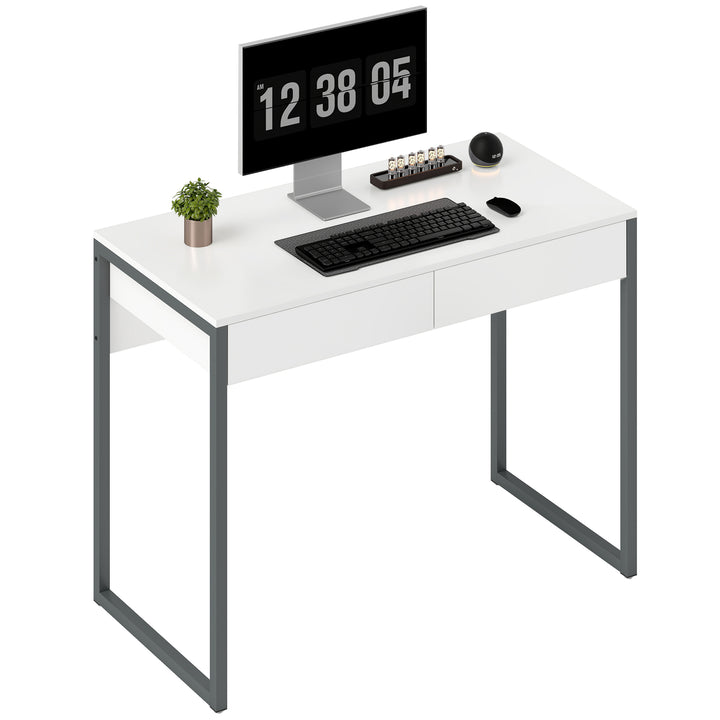 Secretária com 2 Gavetas 100x50x75 cm Mesa de Computador com Estrutura de Aço para Casa Escritório Espaços Pequenos Branco Brilhante