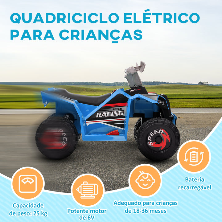 Quadriciclo Elétrico para Crianças 18-36 Meses Veículo Elétrico a Bateria de 6V com Velocidade 2,5 km/h Avanço e Marcha Atrás 70x41,5x48,5 cm Azul