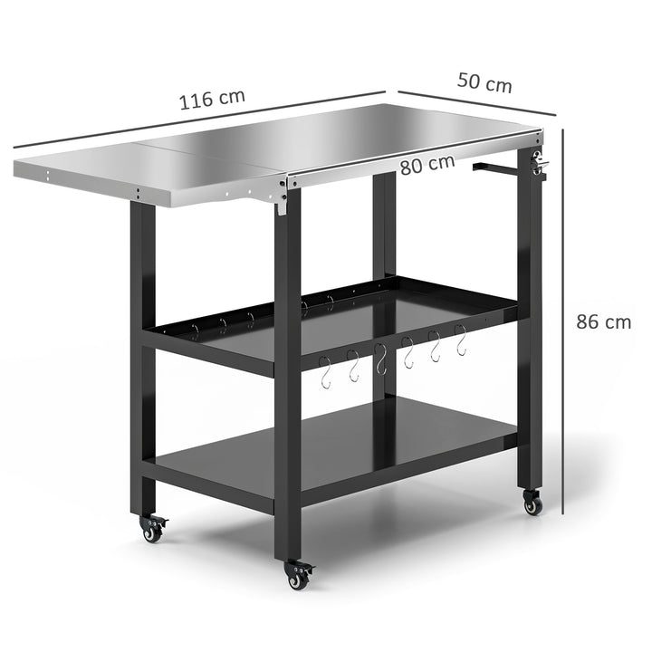 Carrinho Auxiliar para Barbecue de 3 Níveis Carrinho de Serviço com Rodas Prateleira Bancada de Aço Inoxidável Lateral Dobrável e Alça Mesa de Forno de Pizza para Jardim Pátio Preto