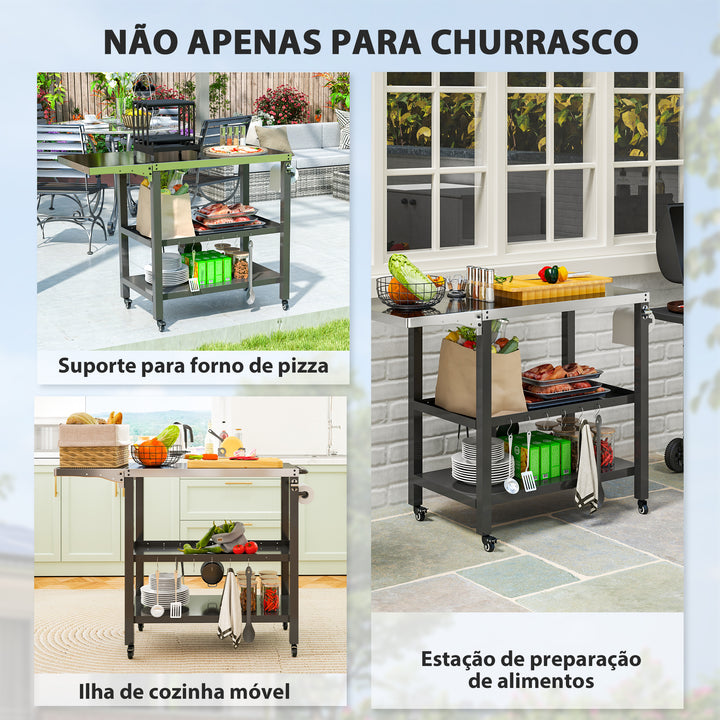 Carrinho Auxiliar para Barbecue de 3 Níveis Carrinho de Serviço com Rodas Prateleira Bancada de Aço Inoxidável Lateral Dobrável e Alça Mesa de Forno de Pizza para Jardim Pátio Preto