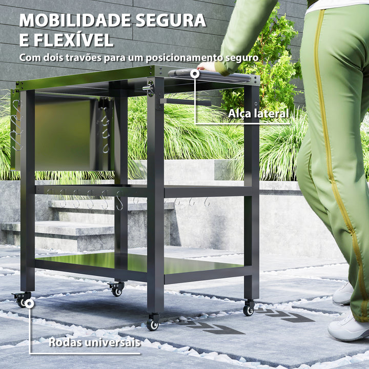 Carrinho Auxiliar para Barbecue de 3 Níveis Carrinho de Serviço com Rodas Prateleira Bancada de Aço Inoxidável Lateral Dobrável e Alça Mesa de Forno de Pizza para Jardim Pátio Preto