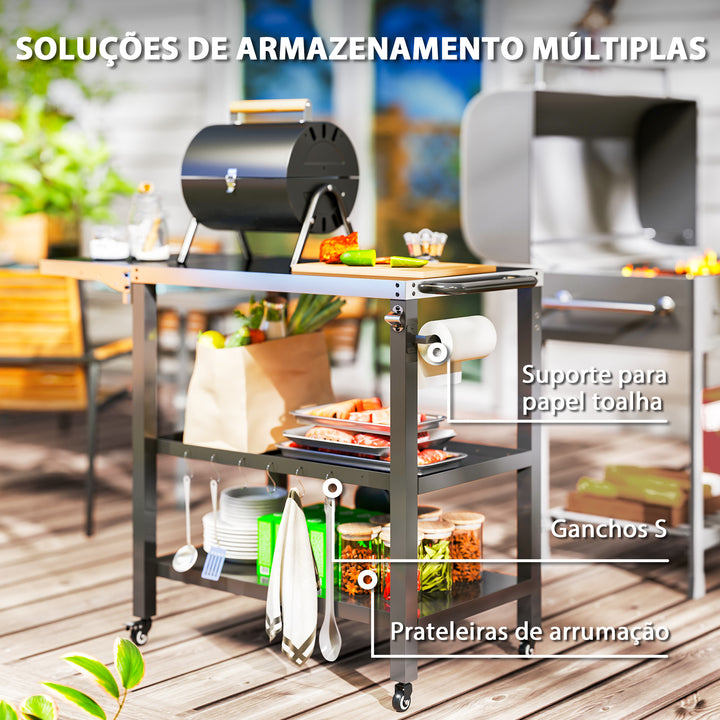 Carrinho Auxiliar para Barbecue de 3 Níveis Carrinho de Serviço com Rodas Prateleira Bancada de Aço Inoxidável Lateral Dobrável e Alça Mesa de Forno de Pizza para Jardim Pátio Preto