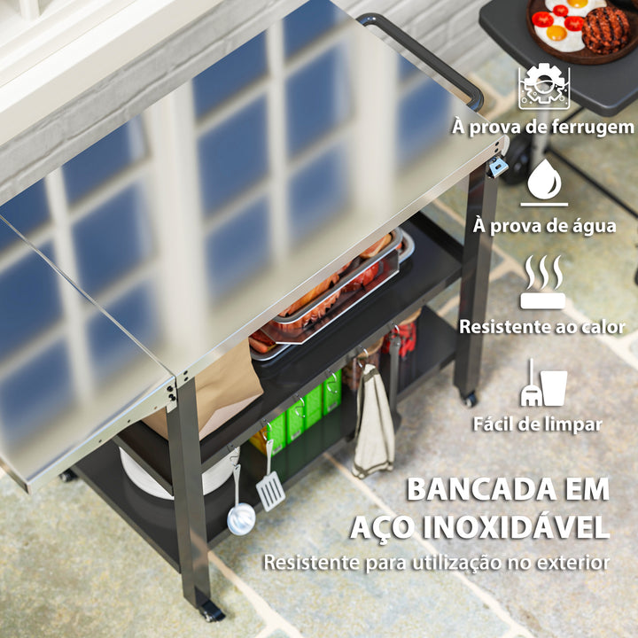 Carrinho Auxiliar para Barbecue de 3 Níveis Carrinho de Serviço com Rodas Prateleira Bancada de Aço Inoxidável Lateral Dobrável e Alça Mesa de Forno de Pizza para Jardim Pátio Preto