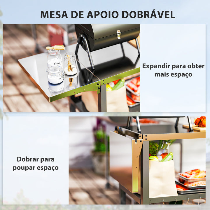 Carrinho Auxiliar para Barbecue de 3 Níveis Carrinho de Serviço com Rodas Prateleira Bancada de Aço Inoxidável Lateral Dobrável e Alça Mesa de Forno de Pizza para Jardim Pátio Preto