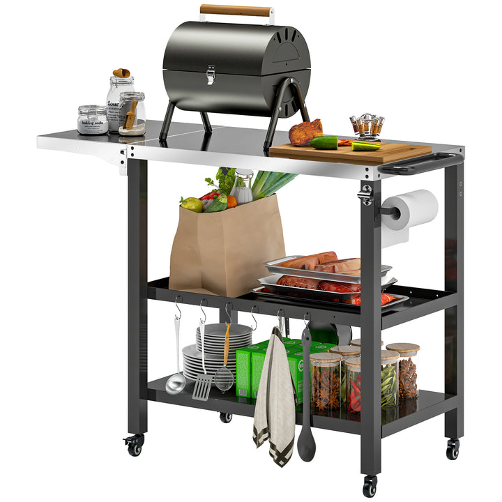 Carrinho Auxiliar para Barbecue de 3 Níveis Carrinho de Serviço com Rodas Prateleira Bancada de Aço Inoxidável Lateral Dobrável e Alça Mesa de Forno de Pizza para Jardim Pátio Preto
