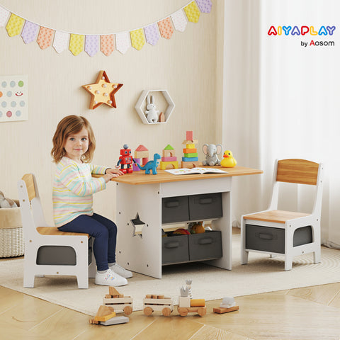 Mesa Infantil com 2 Cadeiras Mesa e Cadeiras para Crianças com 6 Gavetas de Tecido Desenho Estrelas para Meninos e Meninas de 3-8 Anos para Casa Escola Infantil Salas de Aula Madeira e Branco