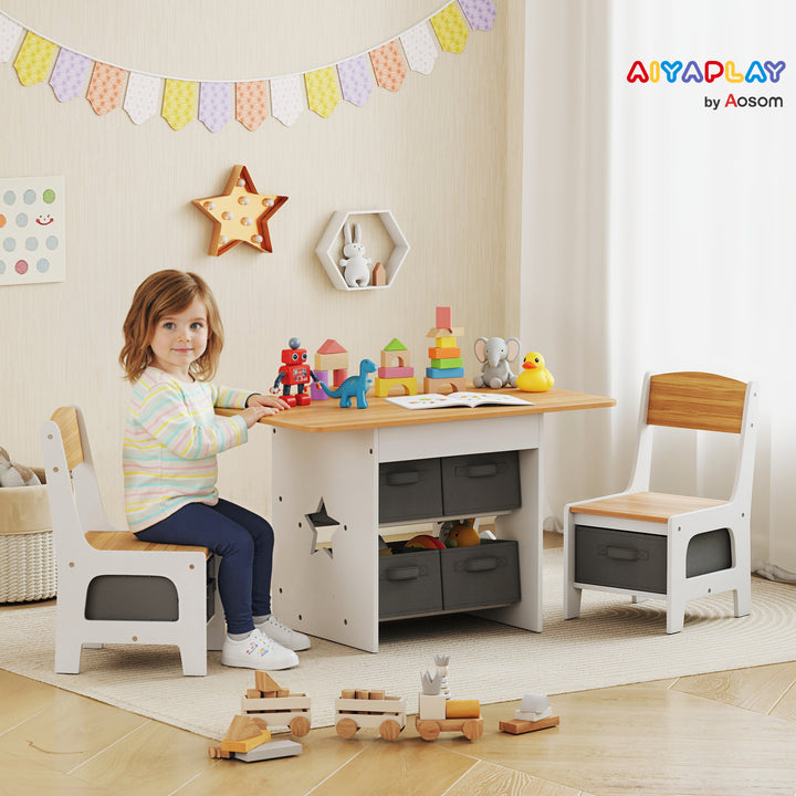 Mesa Infantil com 2 Cadeiras Mesa e Cadeiras para Crianças com 6 Gavetas de Tecido Desenho Estrelas para Meninos e Meninas de 3-8 Anos para Casa Escola Infantil Salas de Aula Madeira e Branco
