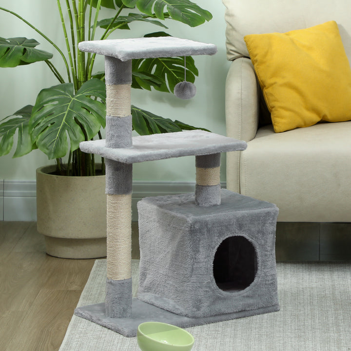 Arranhador para Gatos 50x30x81,5 cm Centro de Múltiplas Atividades para Gatos com Poste de Sisal Plataformas Caverna e Bola Suspensa Cinza