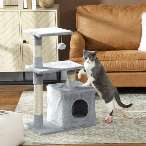 Arranhador para Gatos 50x30x81,5 cm Centro de Múltiplas Atividades para Gatos com Poste de Sisal Plataformas Caverna e Bola Suspensa Cinza