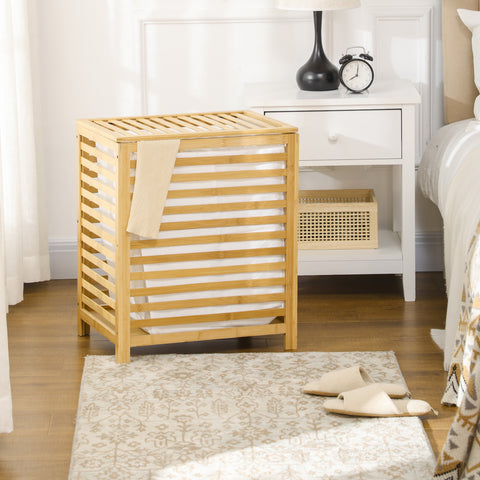 Cesto de Roupa de Bambu Cesto Roupa Suja Capacidade 55L com Bolsa Amovível Forma Retangular 50x36x60 cm Madeira