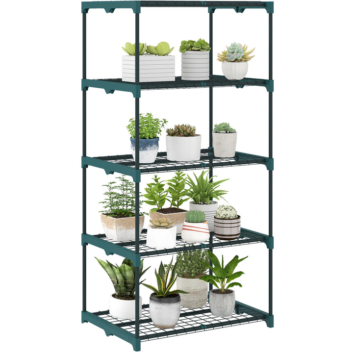 Suporte para Plantas de 5 Níveis Estante de Aço com Prateleiras de Rede Interior e Exterior, 67x49x138 cm Verde Escuro