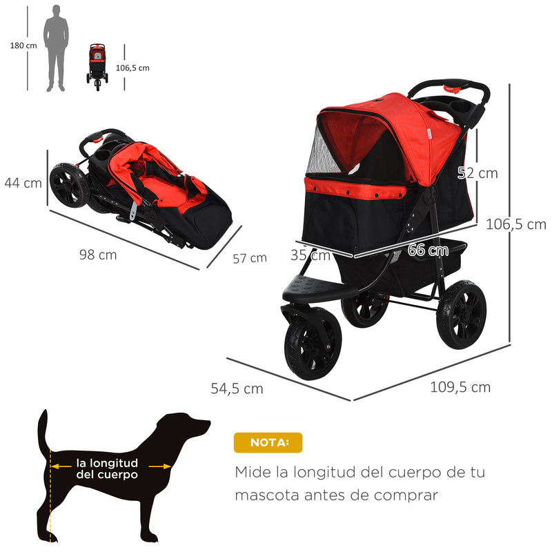 Carrinho dobrável para animais de estimação com 3 rodas Correias de segurança e cesto de armazenamento 109,5x54,5x106,5 cm Vermelho e preto