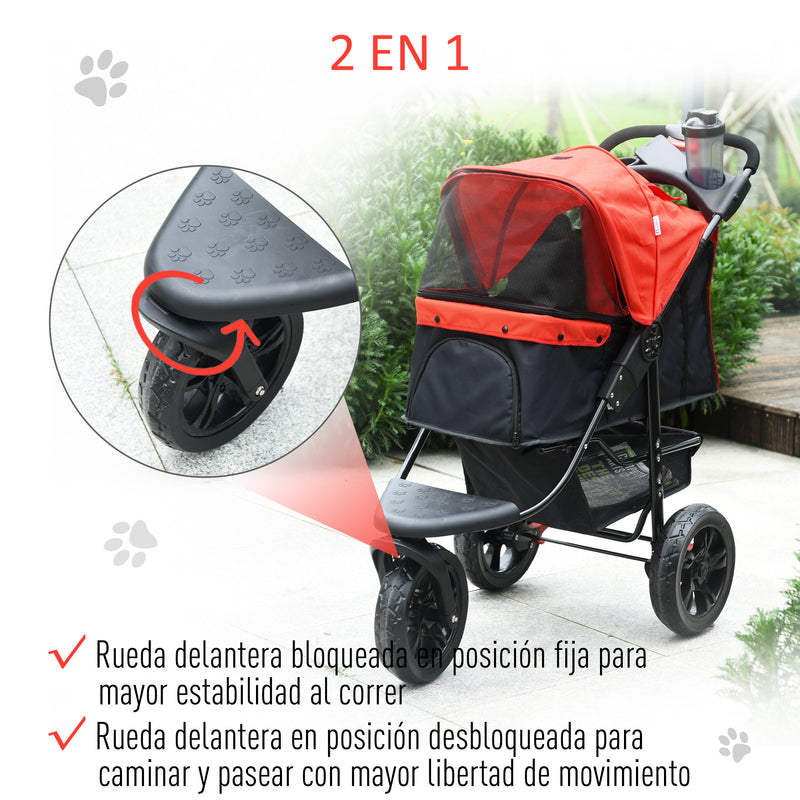 Carrinho dobrável para animais de estimação com 3 rodas Correias de segurança e cesto de armazenamento 109,5x54,5x106,5 cm Vermelho e preto