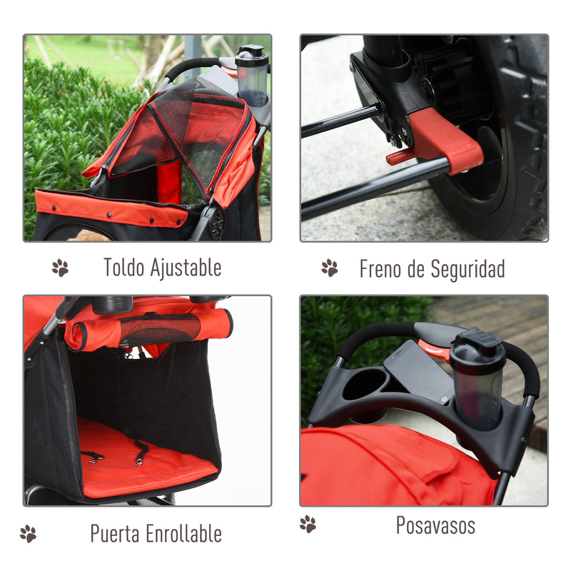 Carrinho dobrável para animais de estimação com 3 rodas Correias de segurança e cesto de armazenamento 109,5x54,5x106,5 cm Vermelho e preto