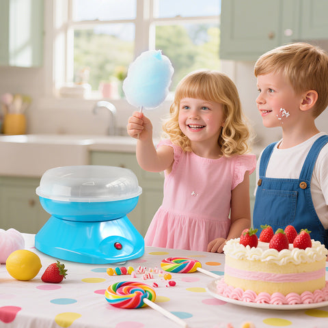 Máquina de Algodão Doce Potência 450W-550W Máquina de Algodão Doce com Colher Medidora e 10 Palitos de Bambu Aço Inoxidável e Alumínio 27x26x18 cm Azul