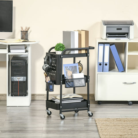 Carrinho de Cozinha com Rodas Carrinho de Armazenamento de 3 Níveis com 4 Ganchos 2 Cestas Alça de Transporte e Rodas com Freio para Casa de Banho Escritório Dormitório 51,5x32x75,6cm Preto