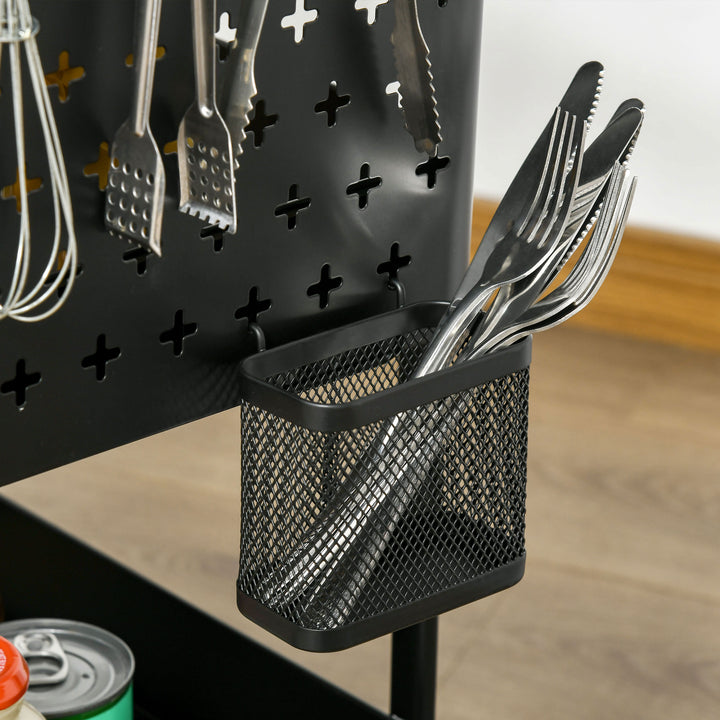 Carrinho de Cozinha com Rodas Carrinho de Armazenamento de 3 Níveis com 4 Ganchos 2 Cestas Alça de Transporte e Rodas com Freio para Casa de Banho Escritório Dormitório 51,5x32x75,6cm Preto