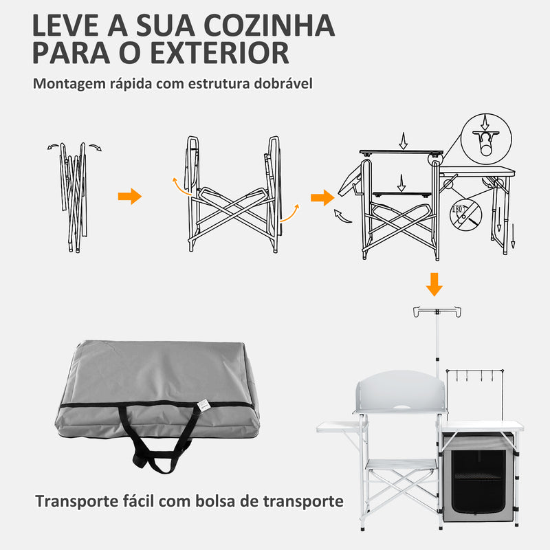 Móvel de Cozinha para Campismo Armário para Campismo Dobrável com Mesas Estante Suporte de Luz Ganchos e Bolsa de Transporte para Campismo Piquenique 144x48x119 cm Prata e Cinza Claro