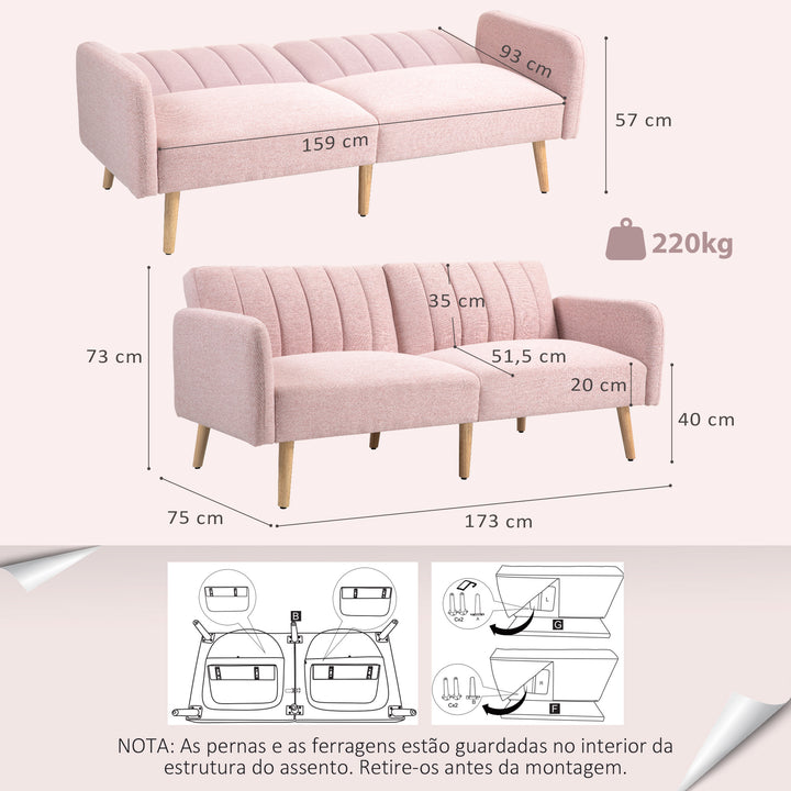 Sofá Cama de 2 Lugares com Encosto Ajustável em 3 Posições Apoio para os Braços Desmontável e Pés de Madeira Sofá Duplo Moderno para Sala de Estar Escritório 173x75x73 cm Rosa