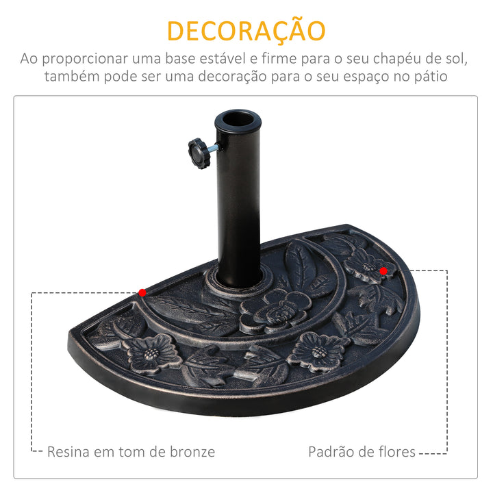 Base para Chapéu de Sol Peso 9 kg Base para Chapéu de Sol de Resina em Forma Semicircular para Mastros de Ø3,8 cm e Ø4,8 cm para Varanda Pátio Jardim 50x31x32 cm Bronze