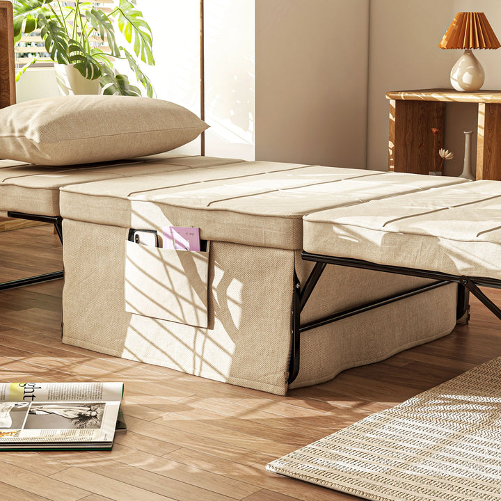 Sofá Cama 4 em 1 Poltrona Cama Desdobrável Estofado em Linho com Encosto Ajustável em 5 Níveis e Almofada Acolchoada para Escritório, Quarto Sala 75x80x74 cm Creme