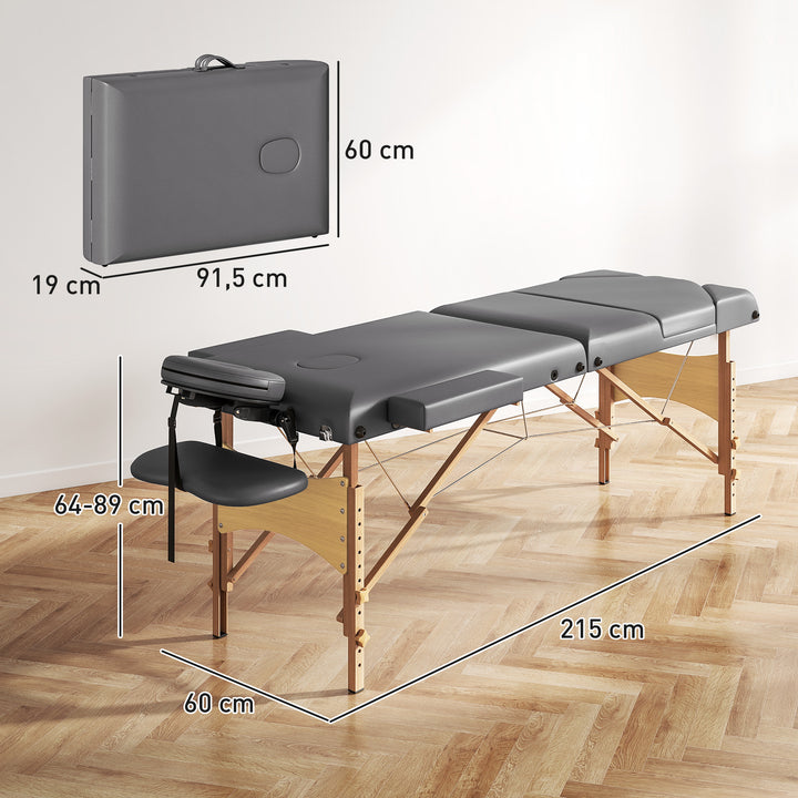 Marquesa de Massagem Dobrável Portátil Marquesa Estética Profissional em Madeira de 3 Zonas com Altura Ajustável Apoio de Cabeça Apoios de Braço Acolchoados 215x60x64-89 cm Cinza