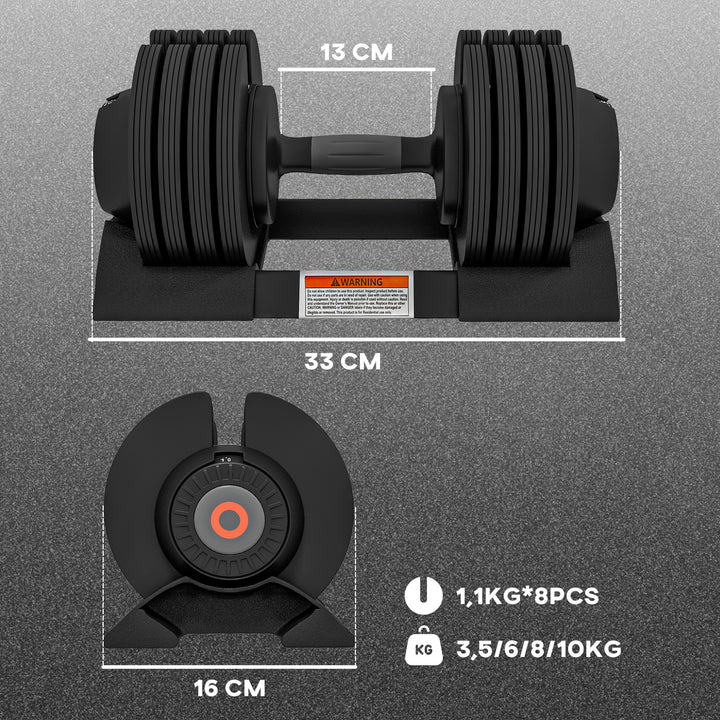 Conjunto de Pesos Ajustável de 10 kg Haltere para Exercício com Ajuste Rápido de Peso com Base de Armazenamento e Pega Antiderrapante para Treino em Casa e Ginásio 33xØ16 cm Preto